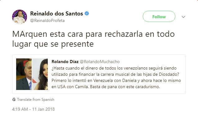 Reinaldo Dos Santos cree que Camila Cabello es hija de Diosdado Cabello. Cusica Plus.